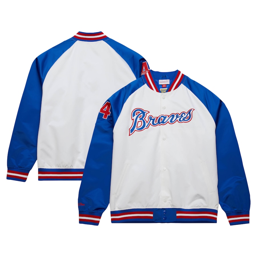 Men's Atlanta Braves Hank Aaron Mitchell & Ness White/Royal Cooperstown Collection Legends Lightweight Satin Raglan Full-Snap Jacket - Puhuasuan