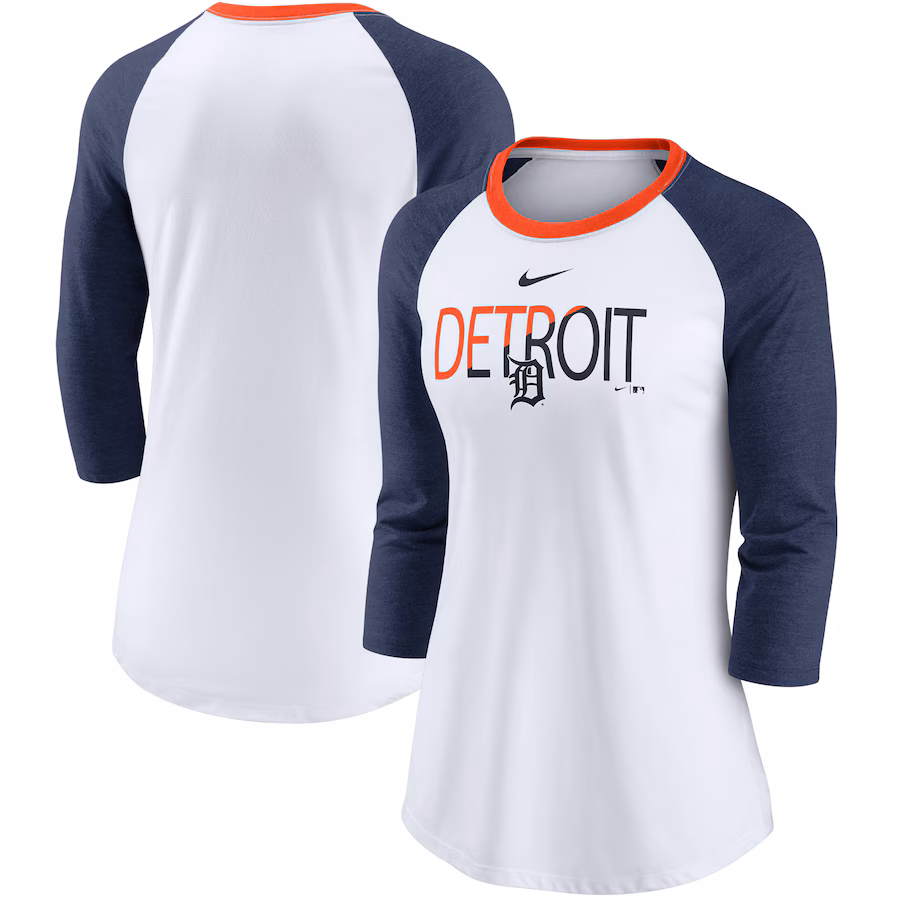 Women's Detroit Tigers Nike White/Heathered Navy Color Split Tri-Blend 3/4-Sleeve Raglan T-Shirt - Puhuasuan