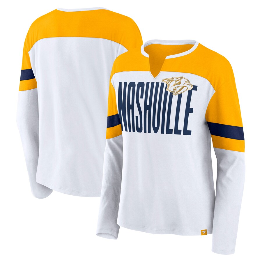 Women's Nashville Predators Fanatics White/Gold Frozen Long Sleeve Notch Neck T-Shirt - Puhuasuan