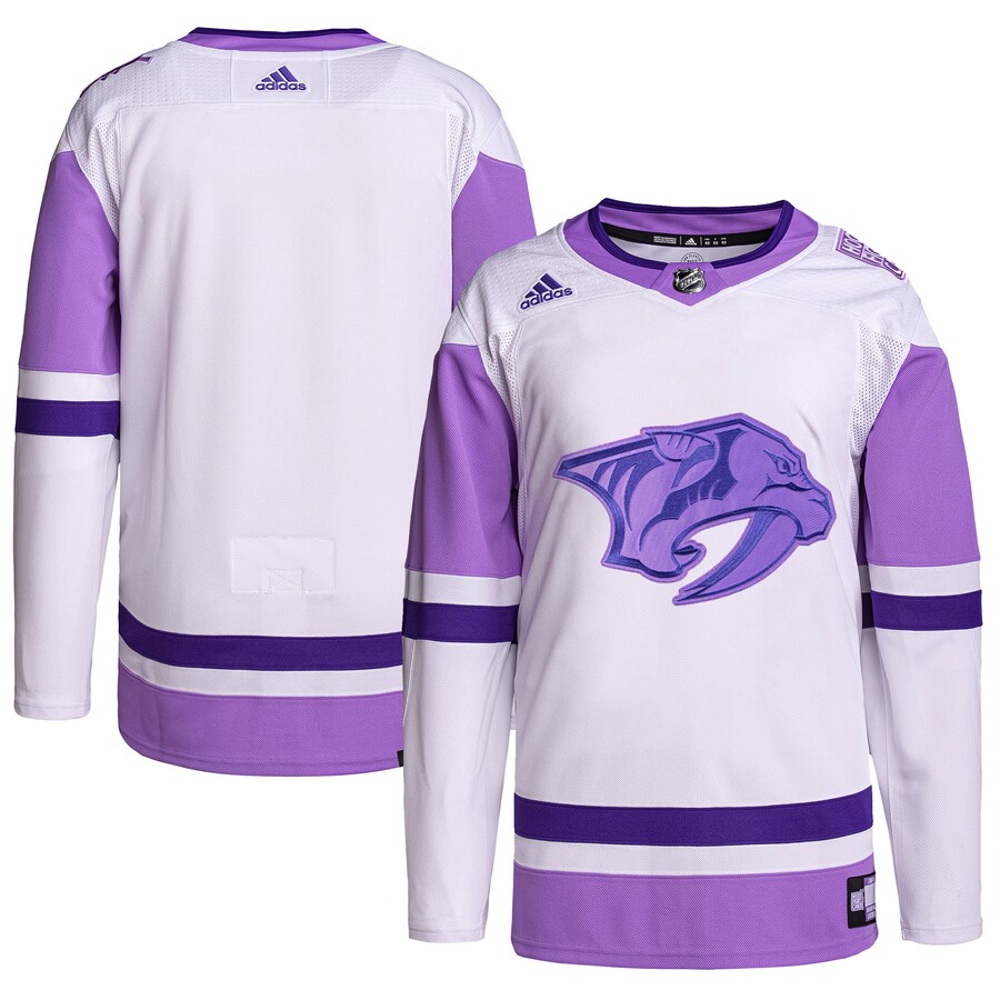 Men's Nashville Predators adidas White/Purple Hockey Fights Cancer Primegreen Authentic Blank Practice Jersey - Puhuasuan