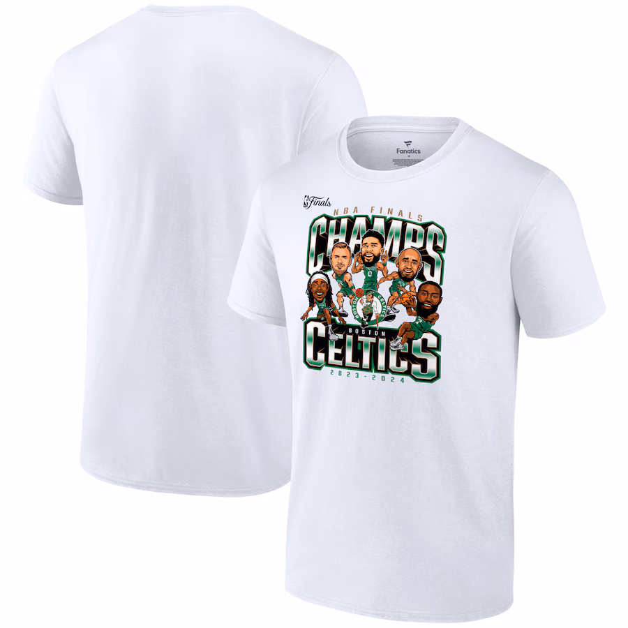 Men's Boston Celtics Fanatics White 2024 NBA Finals Champions Pull Up Jumper Caricature T-Shirt - Puhuasuan