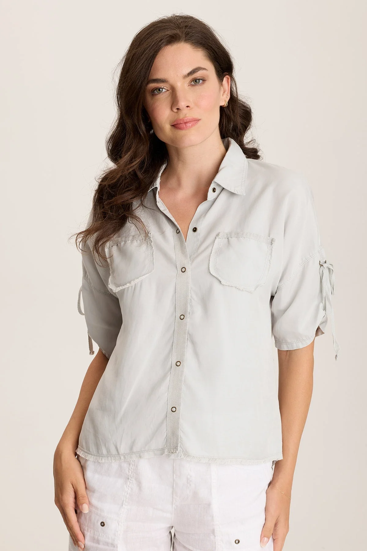 Vinton Twill Jersey Button-Up Collared Top - Puhuasuan