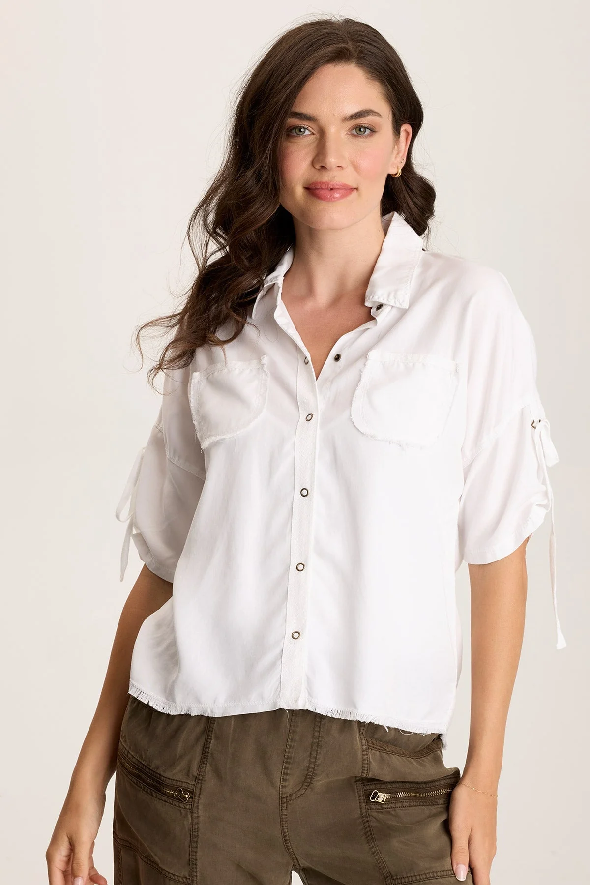 Vinton Twill Jersey Button-Up Collared Top - Puhuasuan