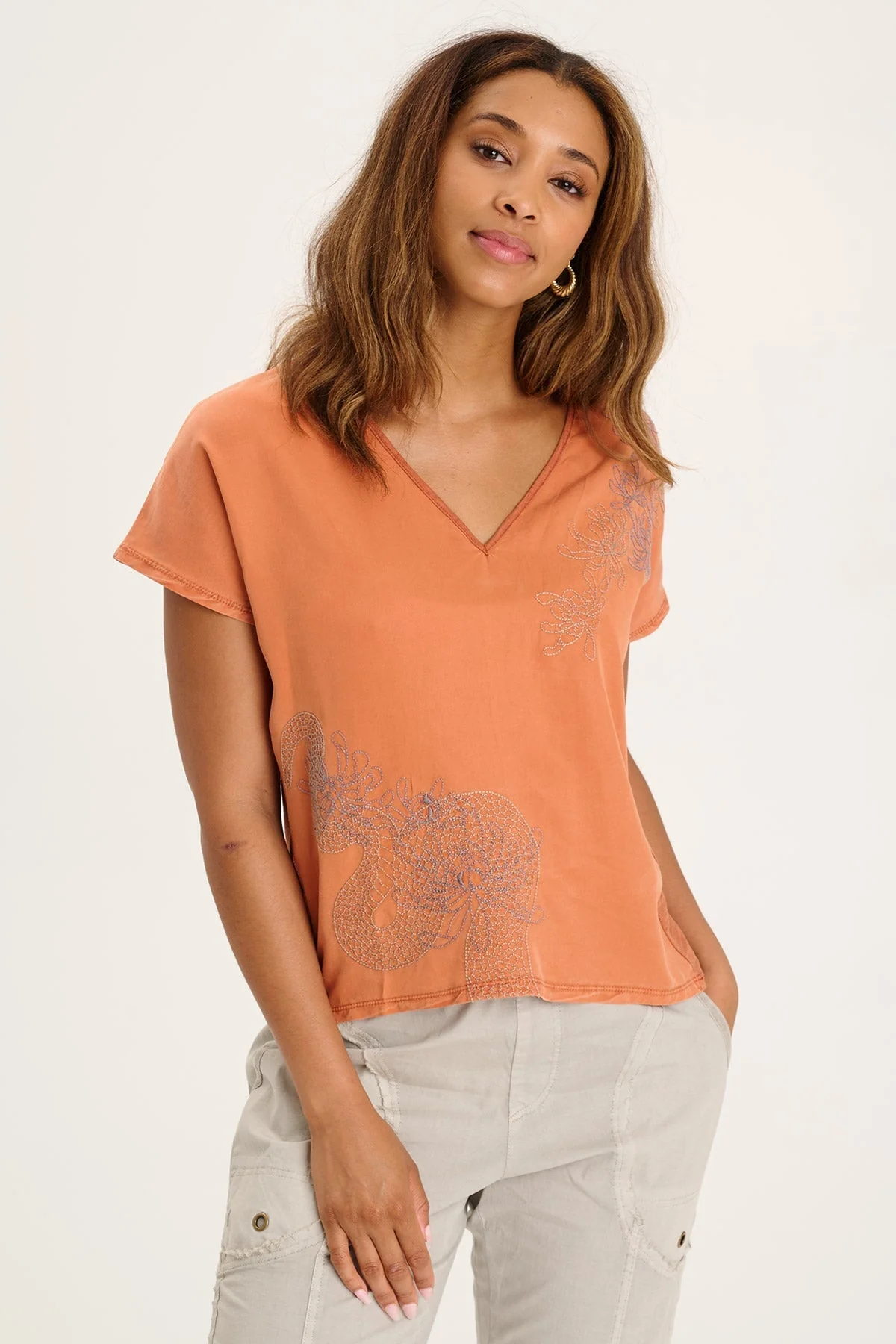 Jolina Twill V-Neck Embroidered Tee - Puhuasuan