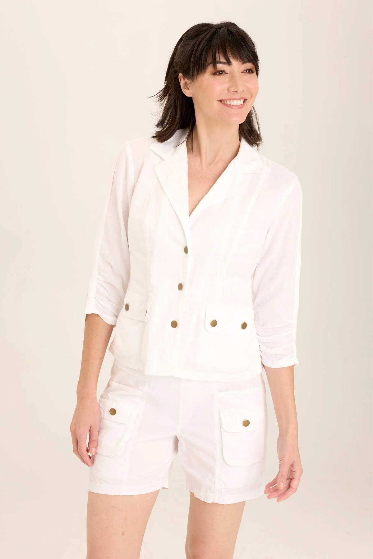Folksy Linen/Stretch 4-Pocket Shirred Blazer - Puhuasuan