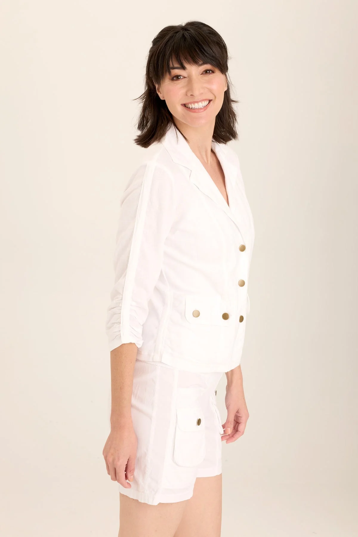 Folksy Linen/Stretch 4-Pocket Shirred Blazer - Puhuasuan