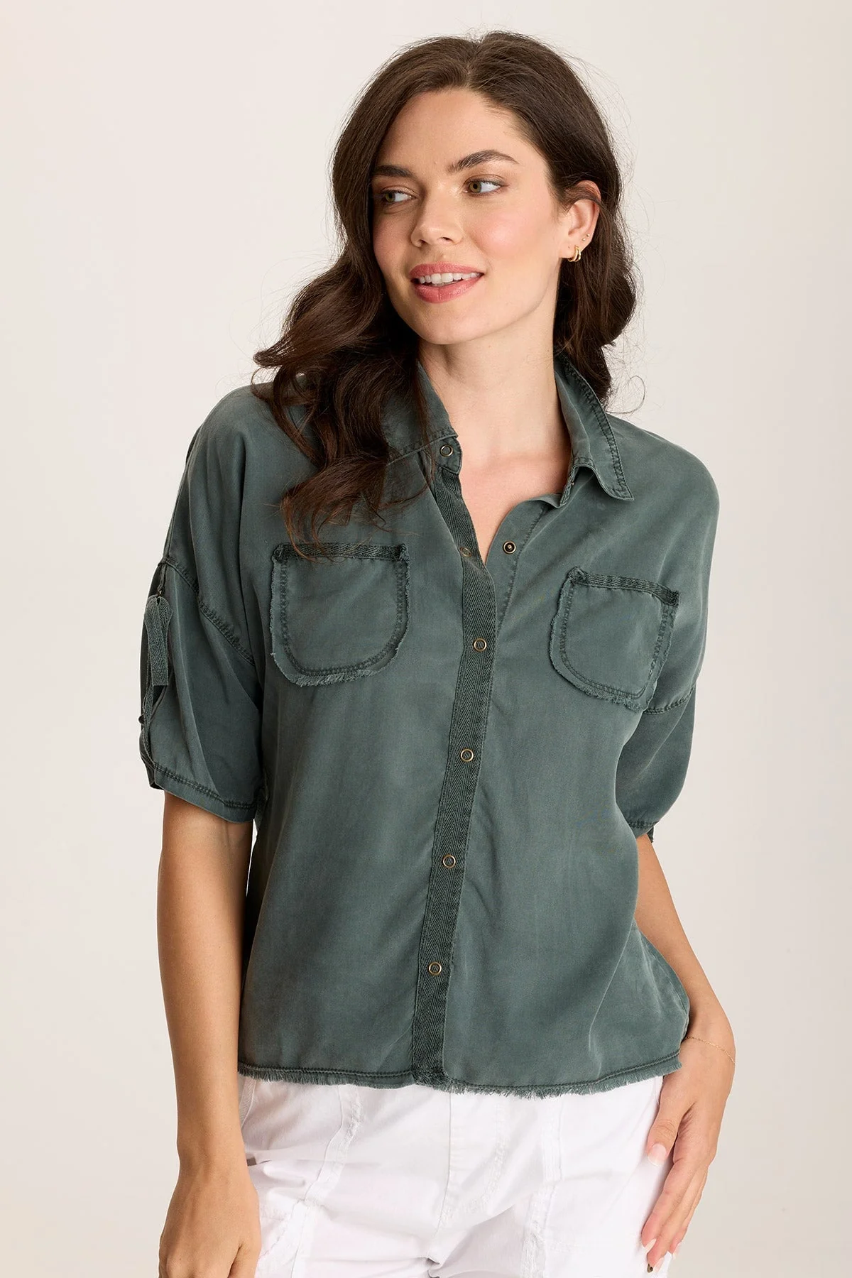 Vinton Twill Jersey Button-Up Collared Top - Puhuasuan