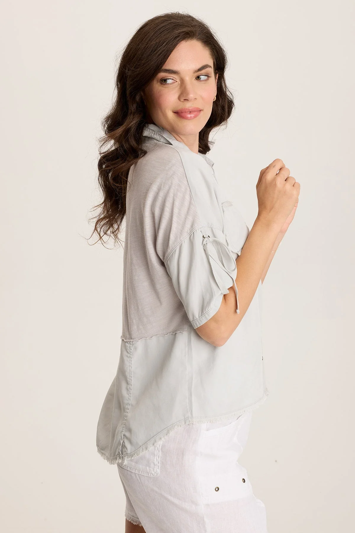 Vinton Twill Jersey Button-Up Collared Top - Puhuasuan