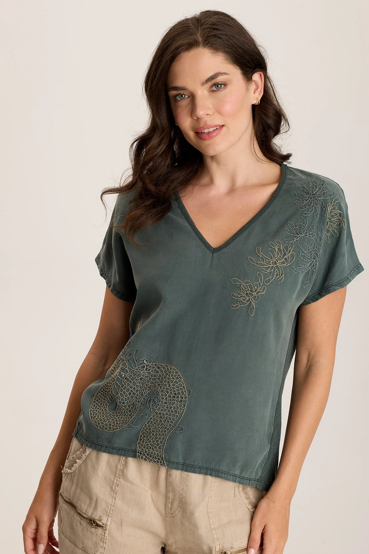 Jolina Twill V-Neck Embroidered Tee - Puhuasuan