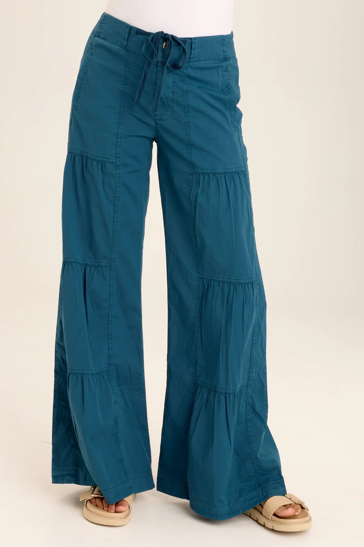 Tiered Wide Leg Drawstring Flare Ruched Pant - Puhuasuan
