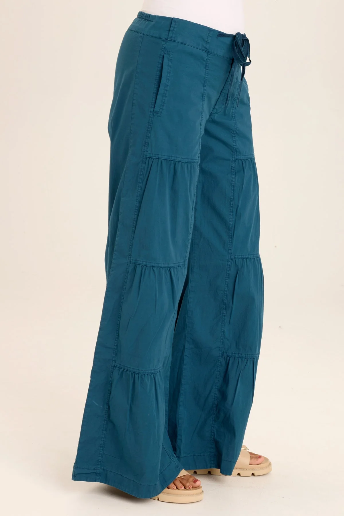Tiered Wide Leg Drawstring Flare Ruched Pant - Puhuasuan