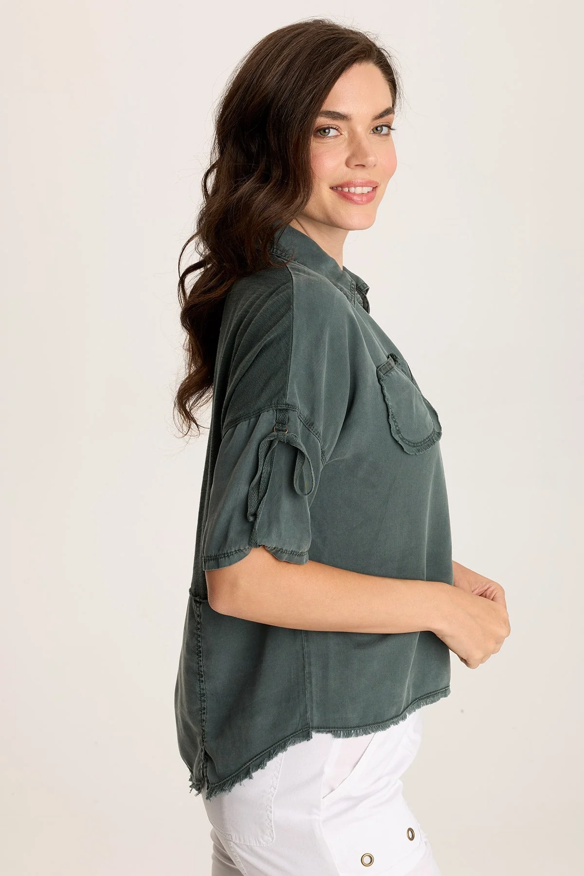 Vinton Twill Jersey Button-Up Collared Top - Puhuasuan