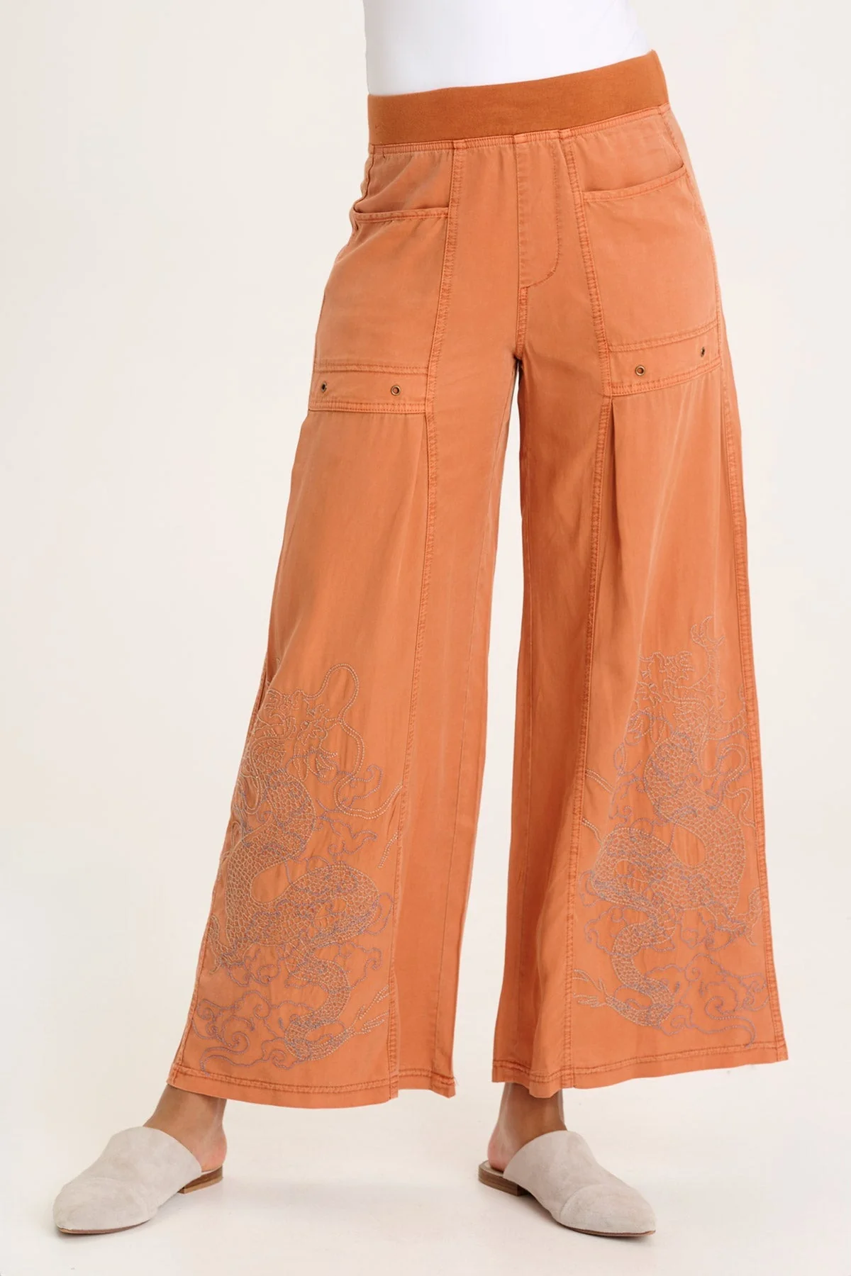 Phedora Twill Embroidered Wide Leg Pant - Puhuasuan